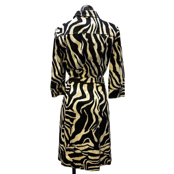 St John Sport Tan & Black Zebra Print Belted Shirt Dress With 3/4 Sleeves & Butt - Picture 2 of 8